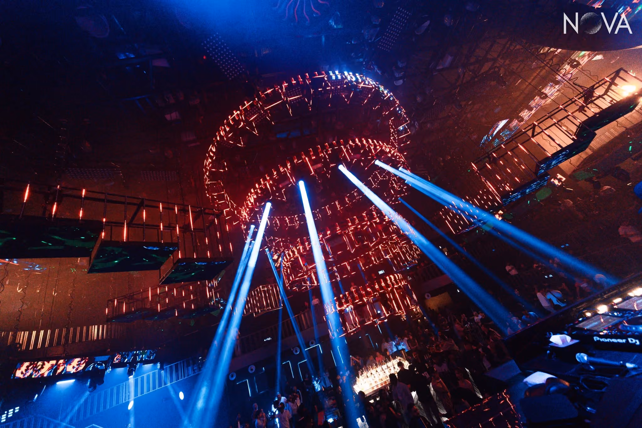 Club Nova ring ceiling and light beams over the dance floor